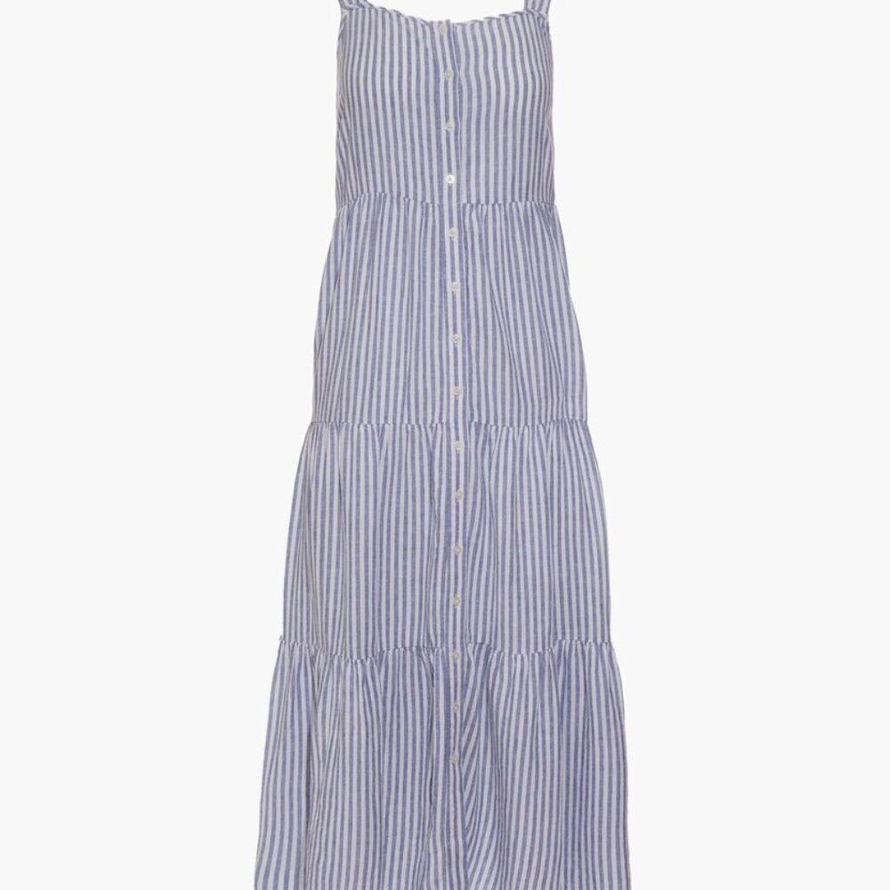 Madewell Linen-Blend Button-Front Tiered Midi Dress in Stripe
